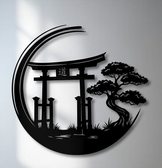 The distinct circular edge and bold border enclose a Zen Garden Torii Gate and bonsai tree, creating a unique metal wall art piece.