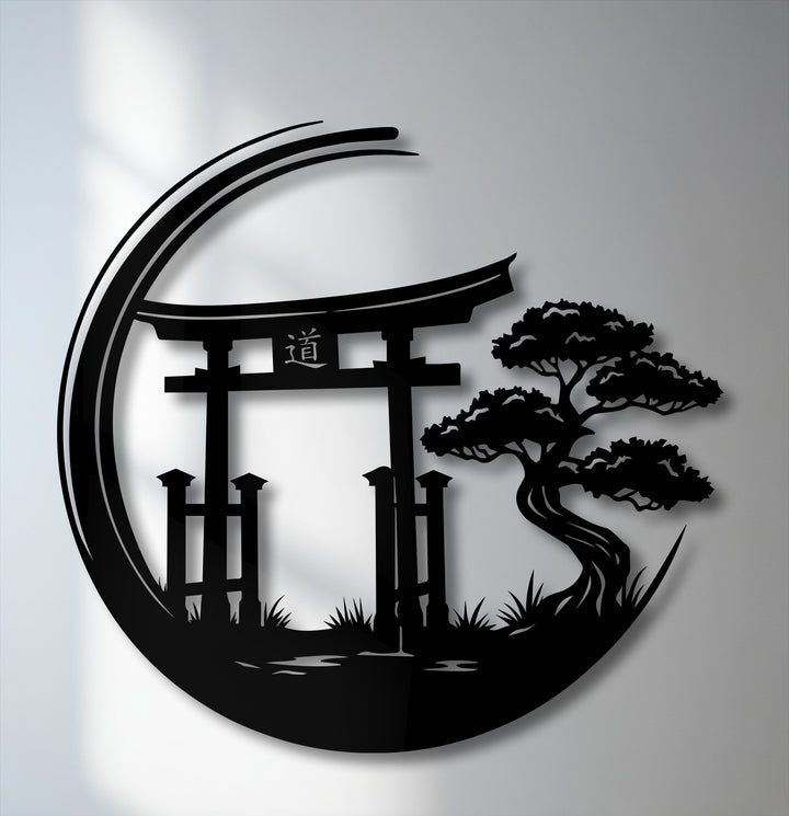 The distinct circular edge and bold border enclose a Zen Garden Torii Gate and bonsai tree, creating a unique metal wall art piece.