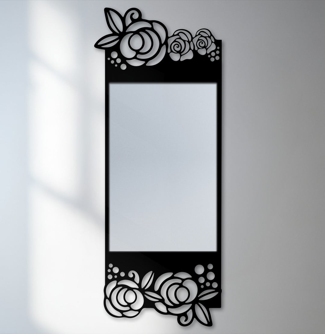Evoking a tranquil mood, this floral elegance black metal floor mirror brings a touch of artistic decoration wall art with its rose motif.