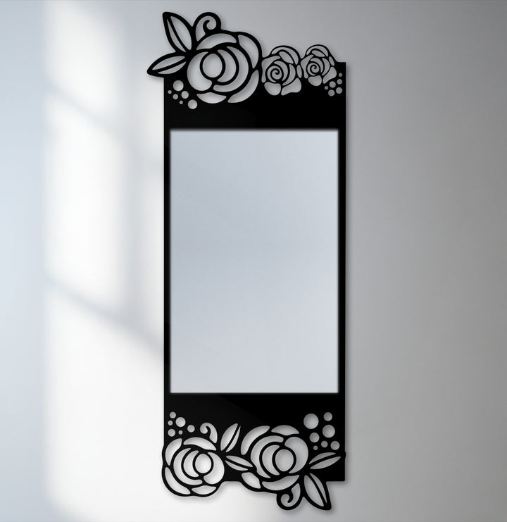 Evoking a tranquil mood, this floral elegance black metal floor mirror brings a touch of artistic decoration wall art with its rose motif.