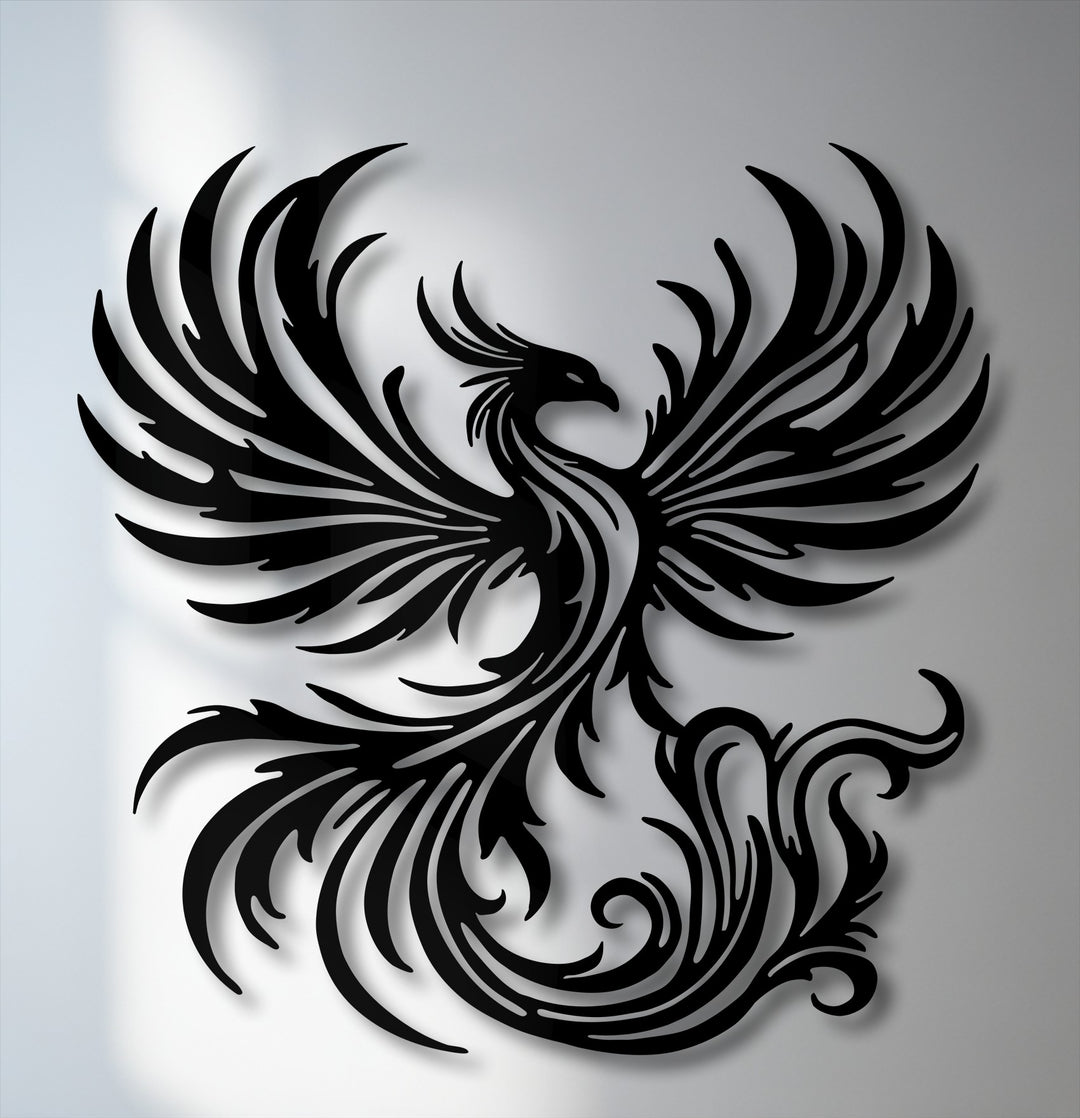 The cool color temperature illuminates the striking black phoenix decoration wall art, depicting a mythical bird rising with intricate wings and tail.