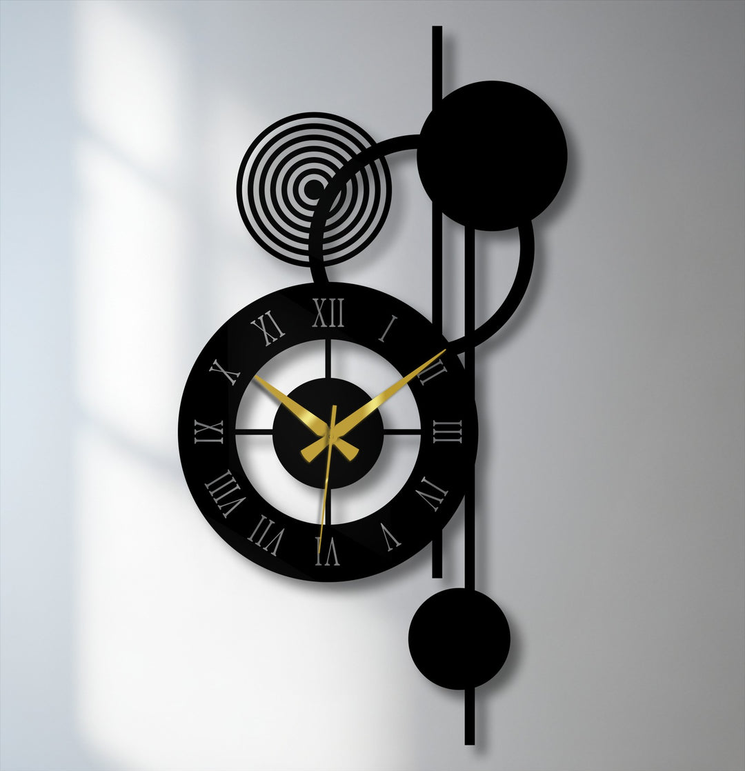 Illuminated by the brightest area, this modern orbit Roman numeral clock exemplifies decorative metal art with its vertical lines and abstract design.