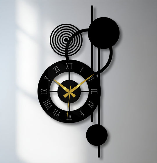 Illuminated by the brightest area, this modern orbit Roman numeral clock exemplifies decorative metal art with its vertical lines and abstract design.