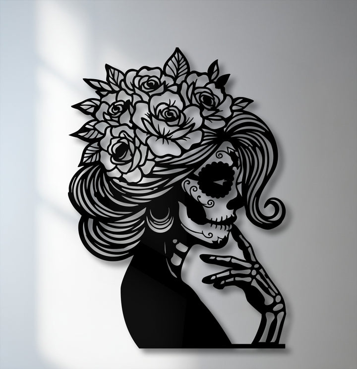 Geometric abstract lines define this elegant floral sugar skull lady decoration wall art, creating a striking black metal profile.