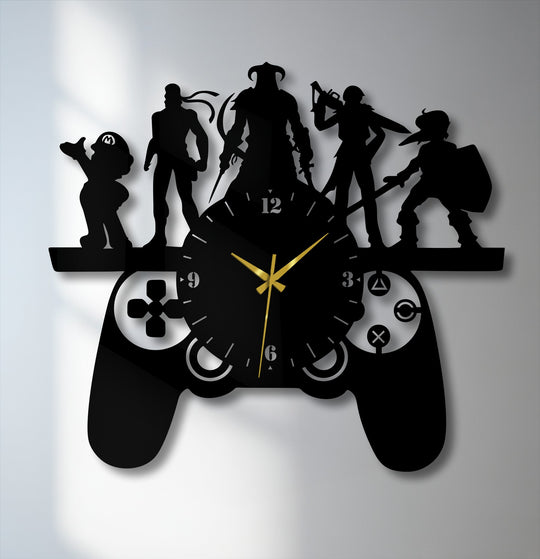 Crafted from durable metal, this gaming controller wall clock showcases crisp character silhouettes, presenting a unique piece of metal art for wall with a distinct aesthetic.