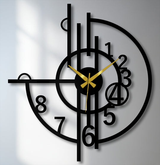 Highlighting its geometric elements, this abstract modern wall clock features artistic number cutouts and linear designs, making it a unique metal wall art piece.