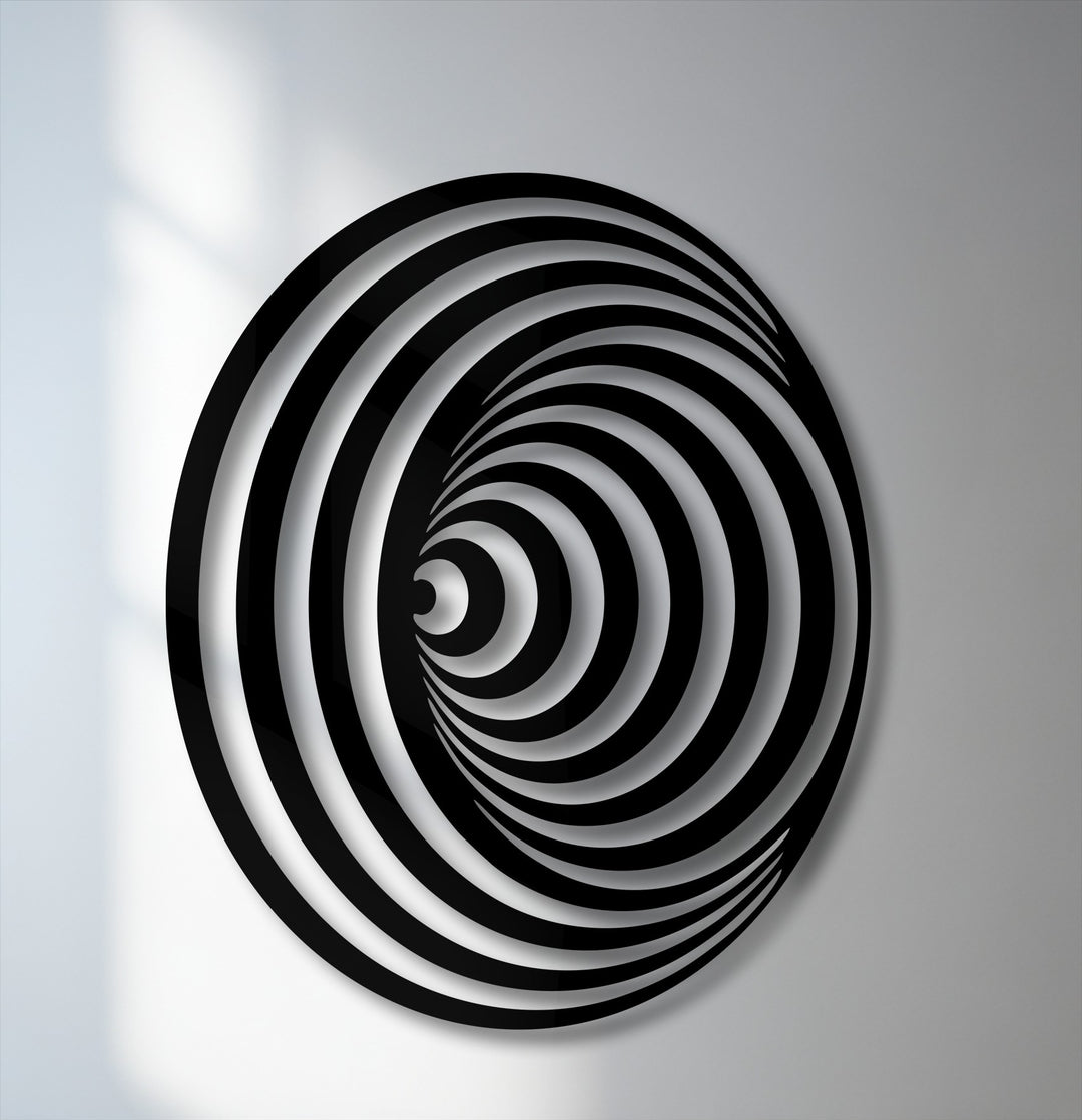 Displaying incredible depth and layers, this hypnotic black and white spiral circle metal artwork creates a mesmerizing optical illusion.