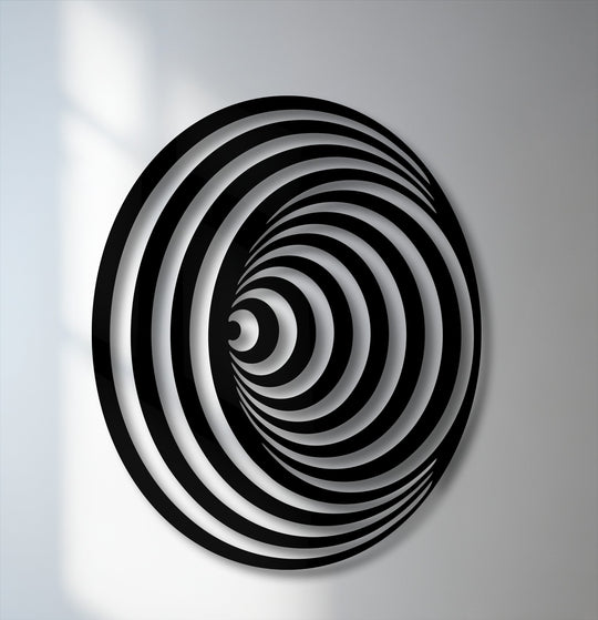 Displaying incredible depth and layers, this hypnotic black and white spiral circle metal artwork creates a mesmerizing optical illusion.