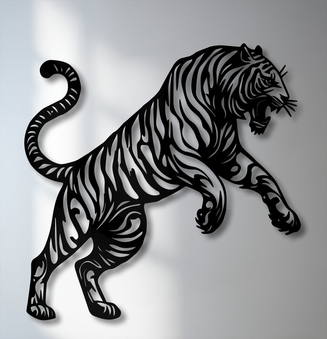 Subtle transitions from bright white to soft grey across the background highlight the dramatic black tiger silhouette metal artwork, creating depth.
