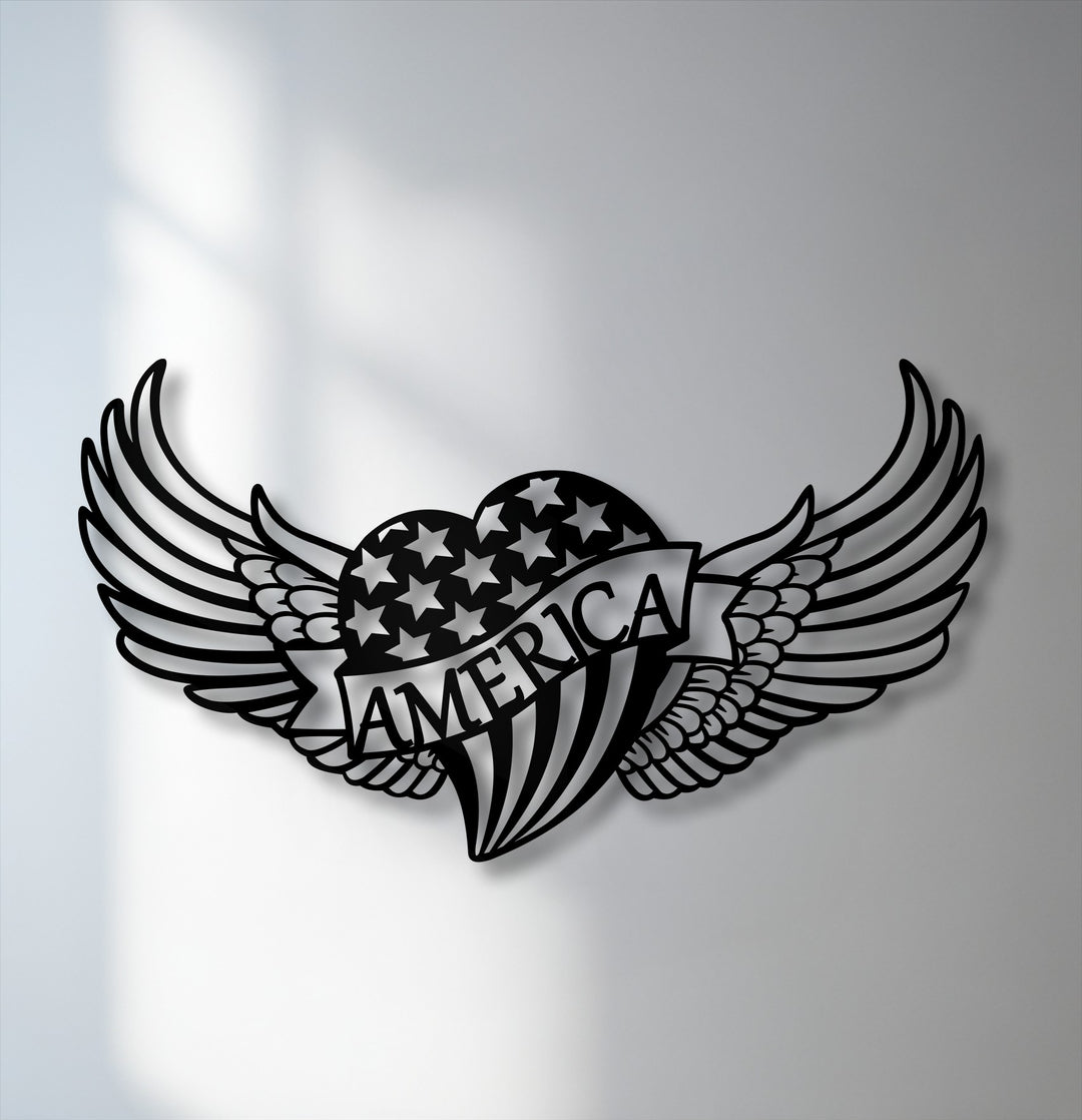Soaring with patriotic spirit, this unique metal wall art features an American heart with sweeping wings, dynamically displaying 'AMERICA.'