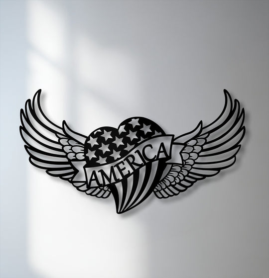 Soaring with patriotic spirit, this unique metal wall art features an American heart with sweeping wings, dynamically displaying 'AMERICA.'