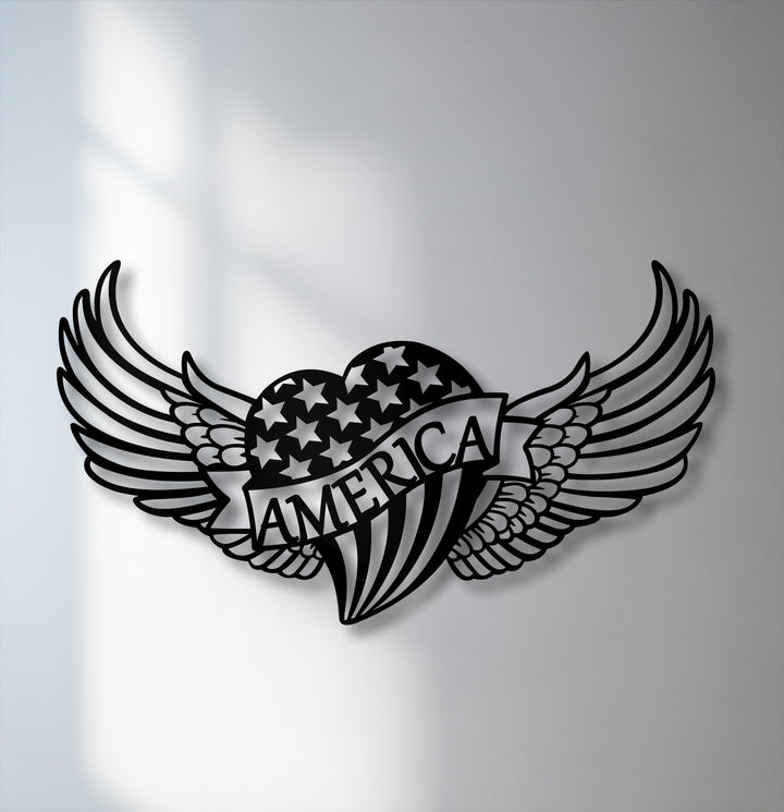 Soaring with patriotic spirit, this unique metal wall art features an American heart with sweeping wings, dynamically displaying 'AMERICA.'