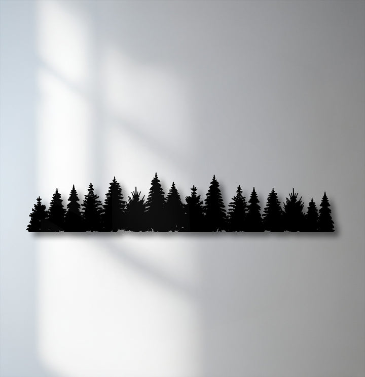 Sharp geometric silhouettes of a pine forest define this unique metal wall art piece, perfect for minimal nature decor.