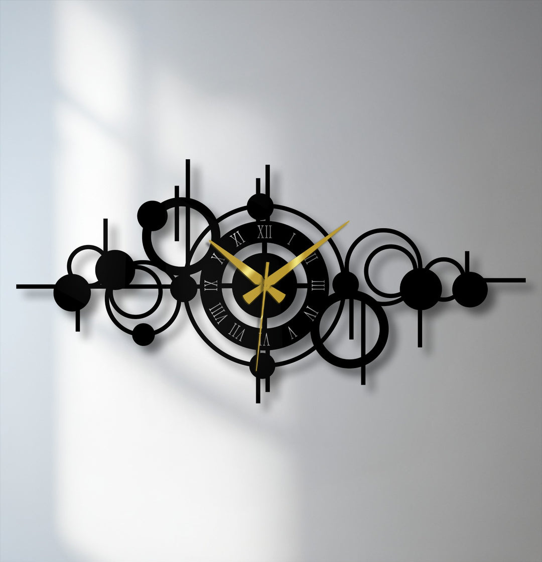 The visual rhythm of the abstract circle orbit metal wall clock creates a striking pattern, a piece of unique metal wall art for modern geometric home decoration.
