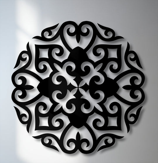 The striking geometric elements of this black ornate mandala metal wall art feature intricate symmetrical patterns, perfect for modern decoration wall art.