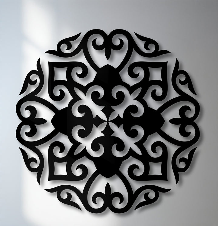 The striking geometric elements of this black ornate mandala metal wall art feature intricate symmetrical patterns, perfect for modern decoration wall art.