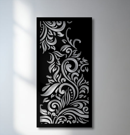 Organic forms of elegant silver floral swirls intricately designed on a black metal wall art panel, creating a sophisticated decoration wall art.