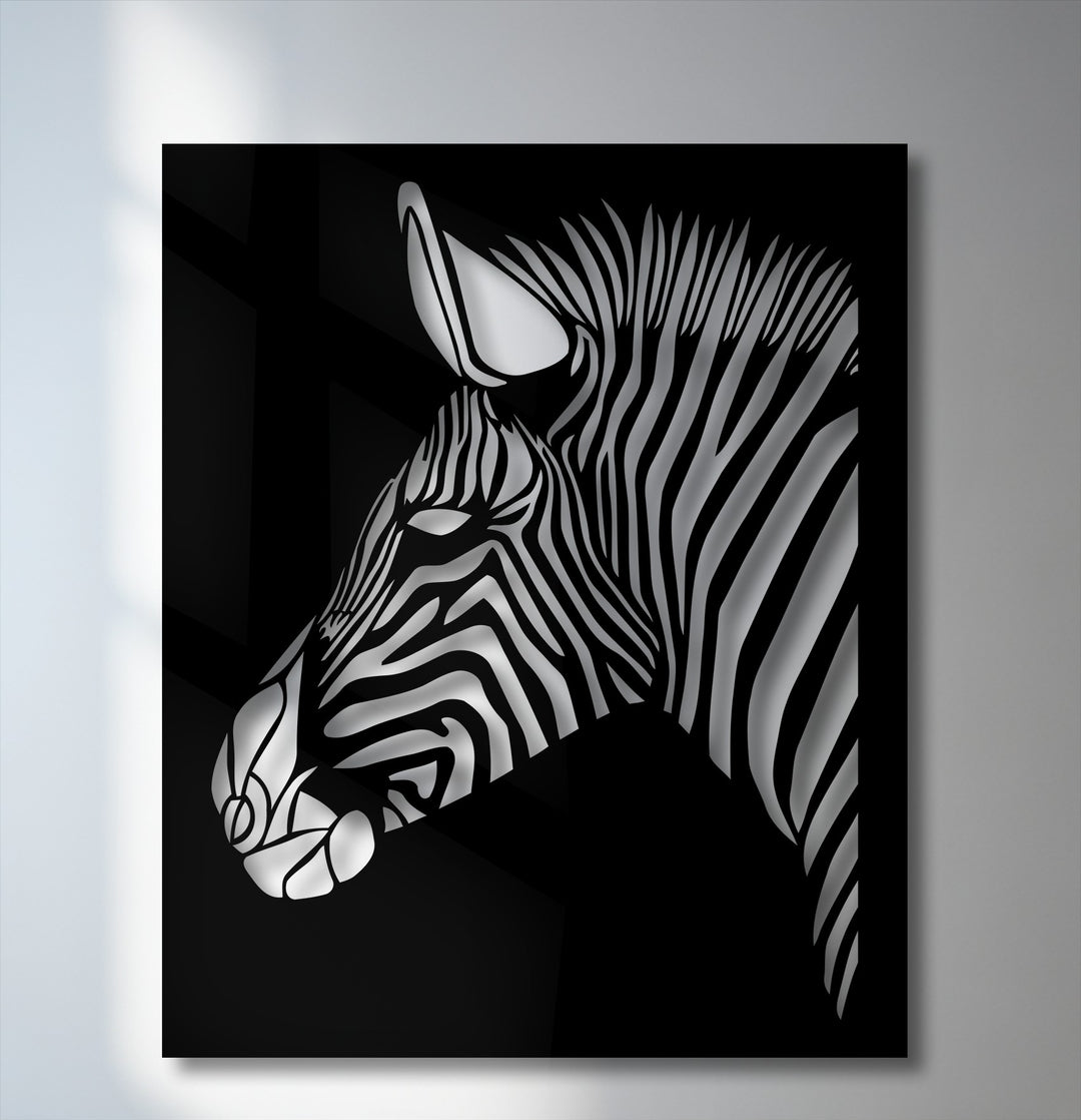 Cool color temperature emanates from this modern abstract zebra head metal decoration wall art, depicted in stark black and white.