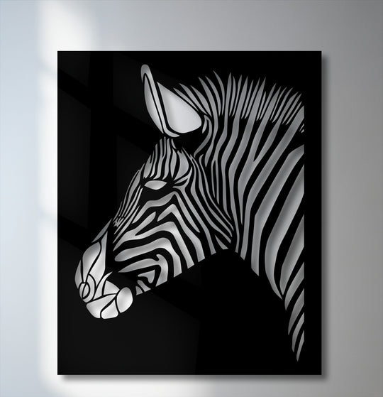 Cool color temperature emanates from this modern abstract zebra head metal decoration wall art, depicted in stark black and white.