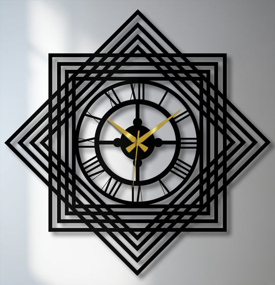 Showcasing the layering effect of the geometric frame, this black metal artwork clock features concentric square borders surrounding a Roman numeral dial.