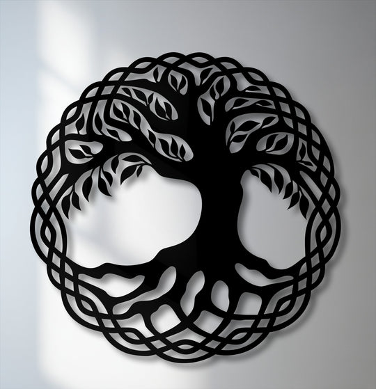 Circular metal art for wall, showcasing an intricately interwoven Celtic Tree of Life design within a distinct round shape.