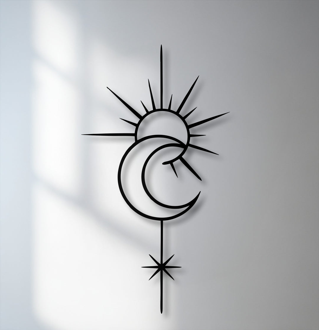 Gentle shadows softly illuminate the elegant curves of this celestial sun moon decorative metal art, adding depth to its minimal star line design.