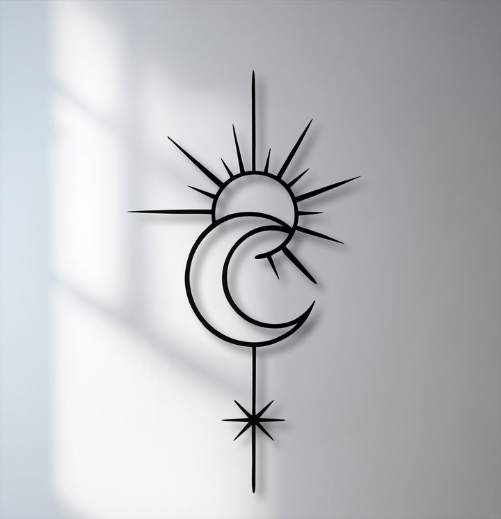 Gentle shadows softly illuminate the elegant curves of this celestial sun moon decorative metal art, adding depth to its minimal star line design.