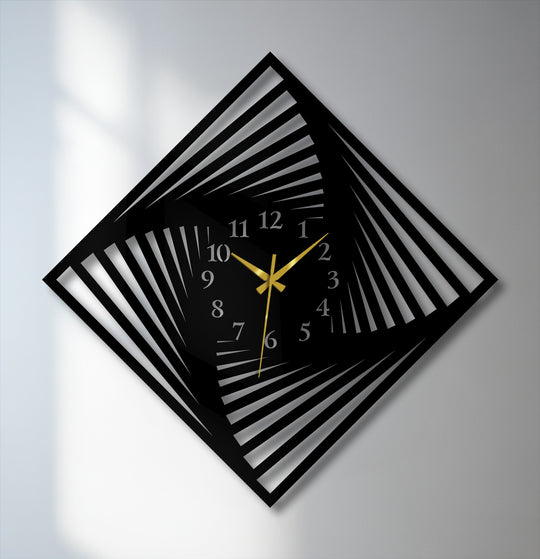 Concentric geometric lines create a striking twisted square optical illusion on this contemporary decorative metal art clock.