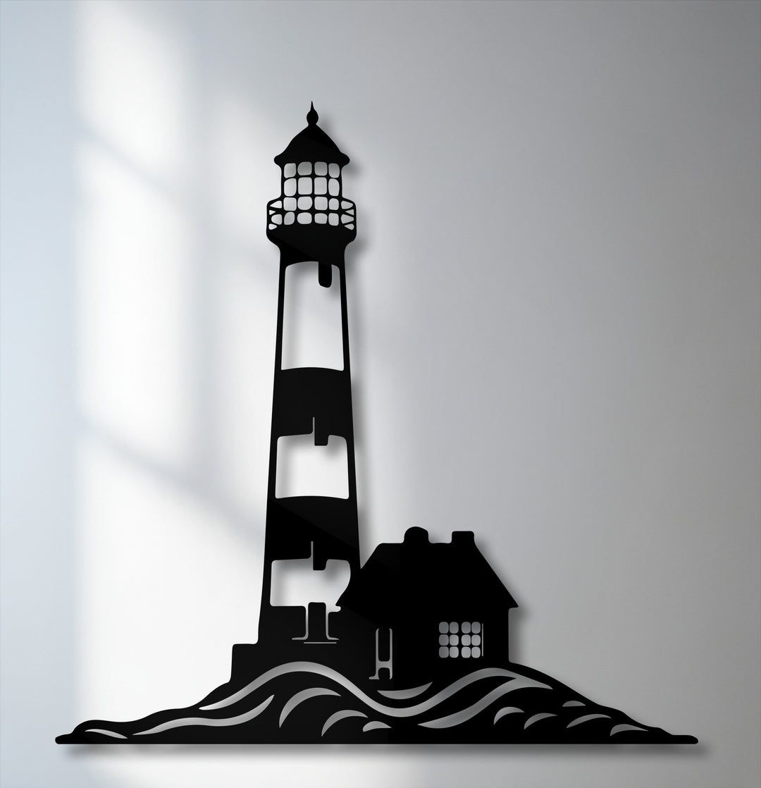 Realistic details define this intricate metal wall decor, depicting a coastal lighthouse, house, and ocean waves as a striking silhouette.