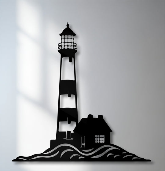 Realistic details define this intricate metal wall decor, depicting a coastal lighthouse, house, and ocean waves as a striking silhouette.