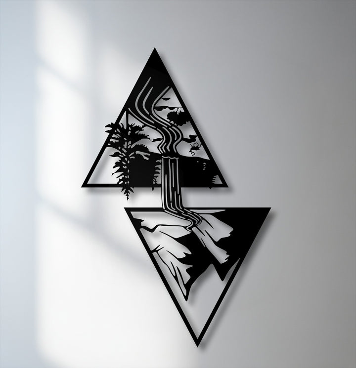 Pale gray walls provide a clean backdrop for bold black geometric waterfall decorative metal art.