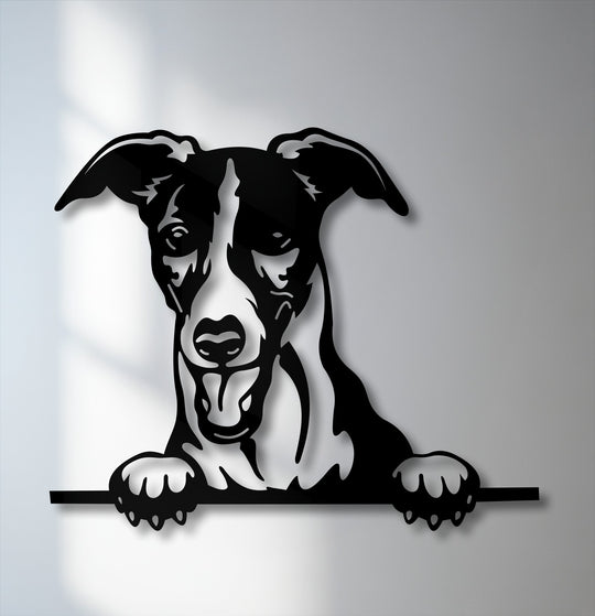 The smooth matte black finish of this metal art for wall showcases a curious puppy peeking with a playful dog silhouette.