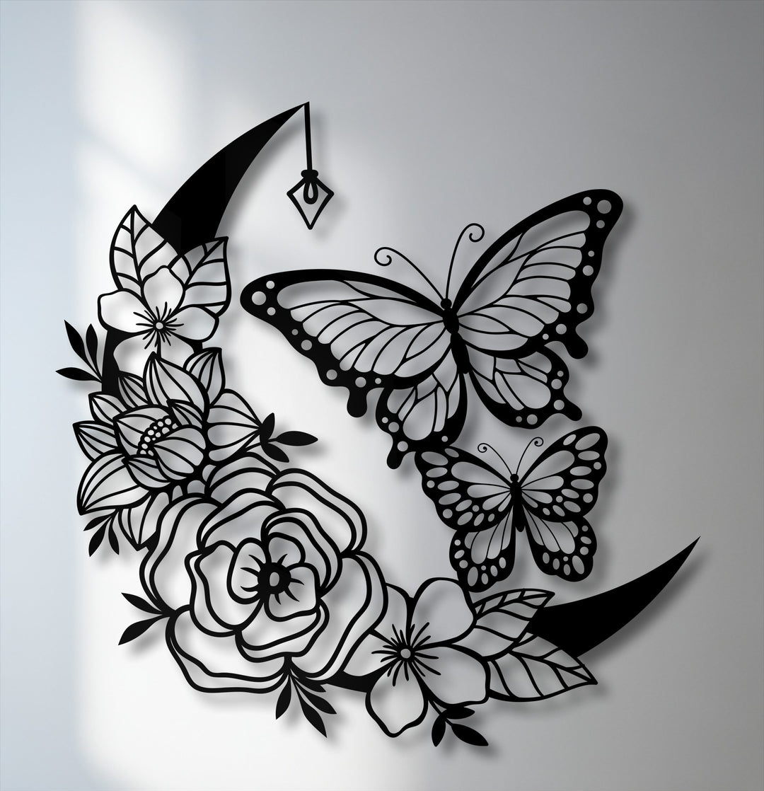 The abstract quality of this moonlit bloom butterflies decoration wall art is captured in its intricate black silhouette design.