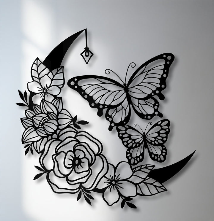 The abstract quality of this moonlit bloom butterflies decoration wall art is captured in its intricate black silhouette design.