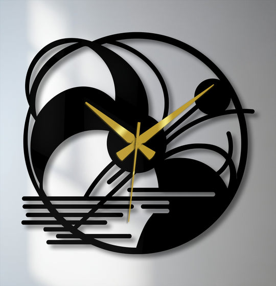 Light and shadow play across the abstract landscape decorative metal art clock, accentuating the modern artistic design with its intricate lines and golden hands.