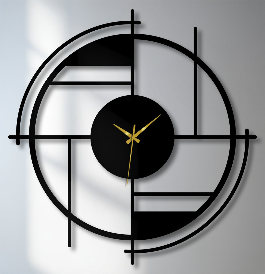 Negative space defines the geometric metal wall clock, accentuating its modern abstract line design and creating visual interest within the minimalist hanging wall art.