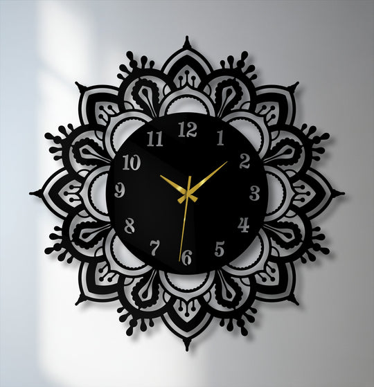 Intricate edges and ornate borders define this metal artwork of an elegant mandala metal wall clock with a classic, decorative design.