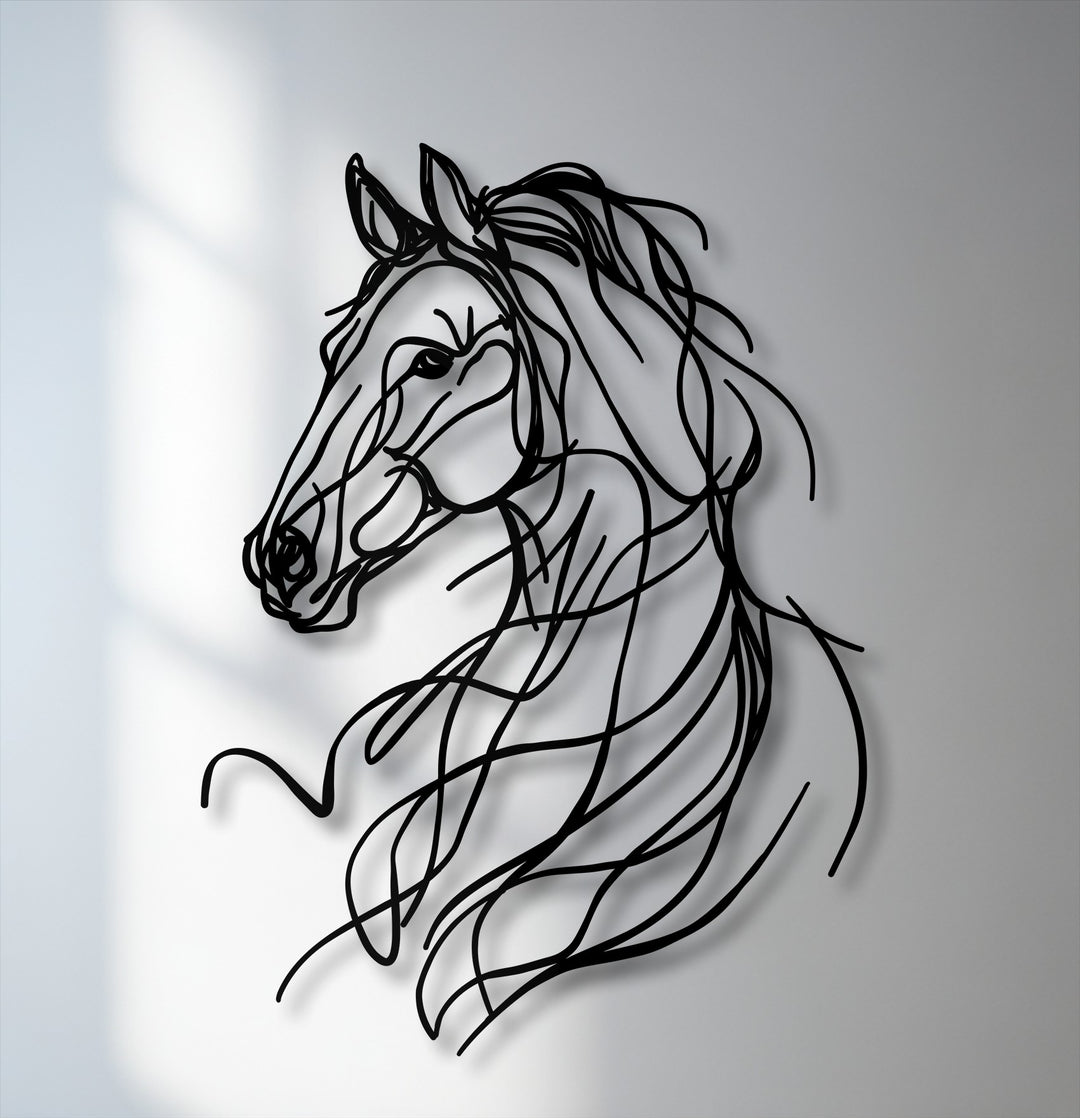 The prominent foreground features bold, sculptural black lines intricately forming the abstract horse's head and mane, presenting a unique decorative metal art piece.