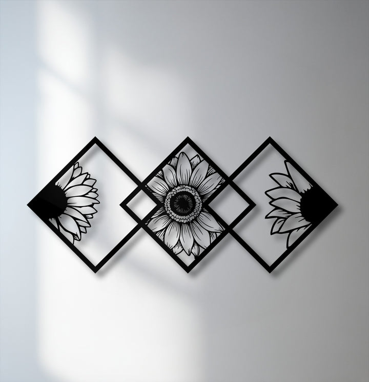 Abstract unique metal wall art featuring modern geometric sunflower panels creates a striking visual with its bold design and deep shadows.