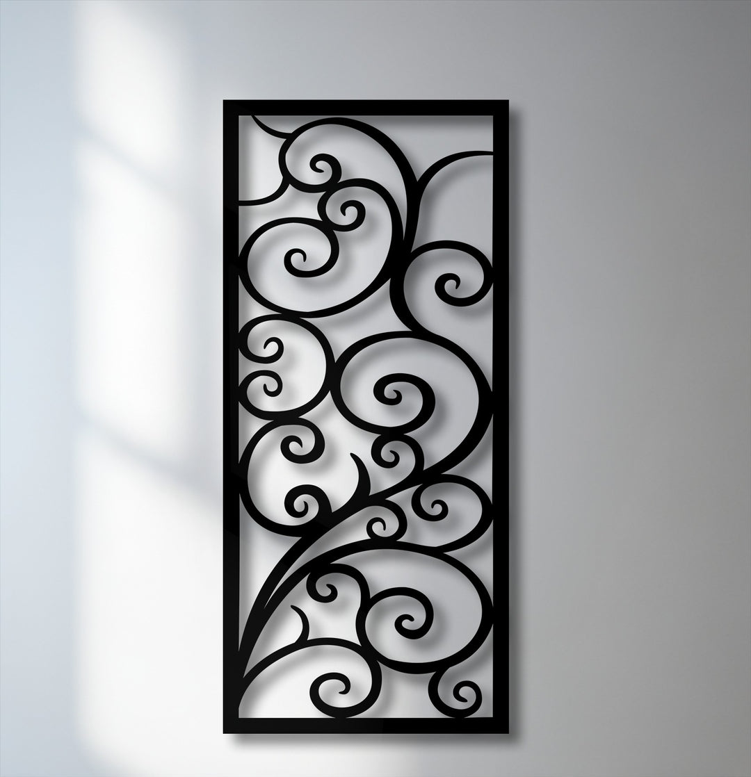 A vertically oriented rectangular metal wall decor showcases an elegant scroll and vine pattern, aptly named Whispering Vines.