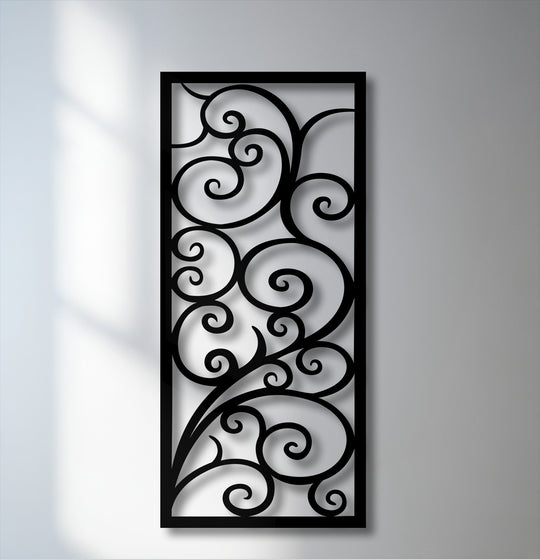 A vertically oriented rectangular metal wall decor showcases an elegant scroll and vine pattern, aptly named Whispering Vines.