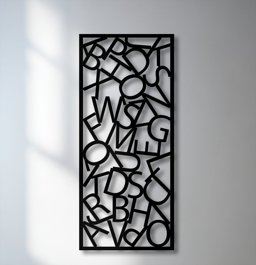 The unique metal wall art exhibits a smooth, matte surface texture highlighting a captivating abstract letter composition.