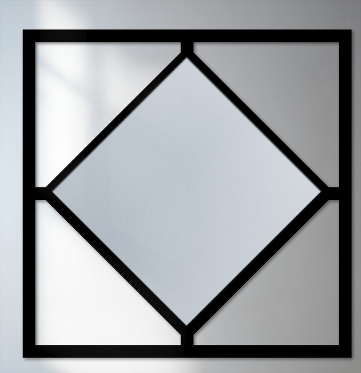 Foreground black framework defines a geometric metal art for wall modern mirror, framing its diamond and square design with a bold contrast.