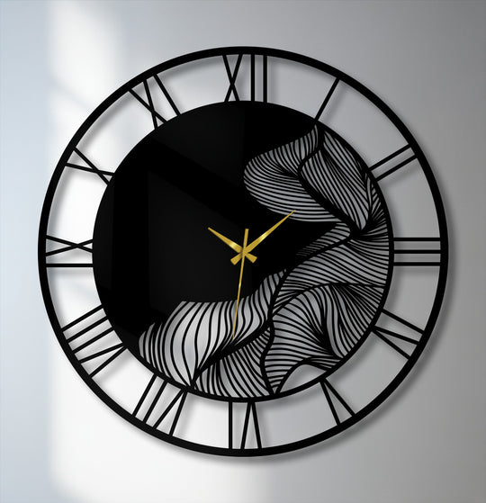 Finely crafted metal wall decor featuring an abstract leaf design, Roman numerals, and gold hands showcase exceptional material quality in this modern wall clock.