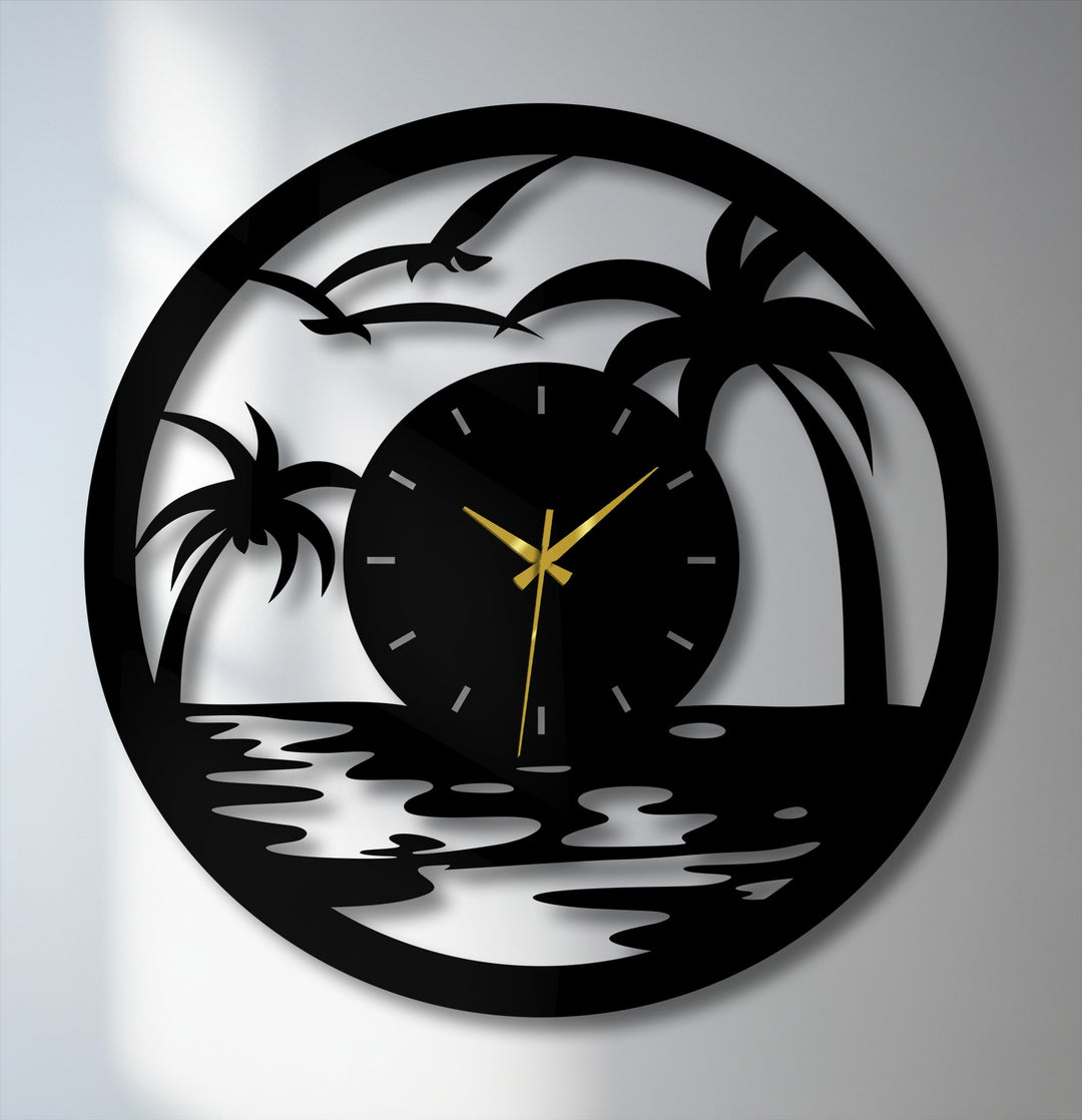 Brightest areas highlight the decoration wall art in this tropical sunset metal wall clock featuring palm trees and a coastal scene.