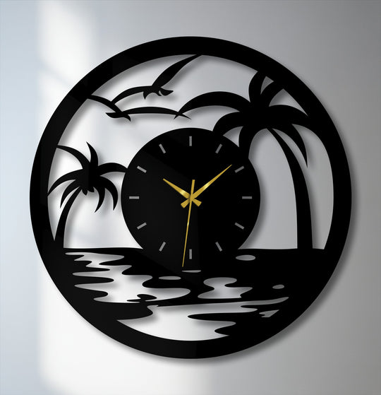 Brightest areas highlight the decoration wall art in this tropical sunset metal wall clock featuring palm trees and a coastal scene.