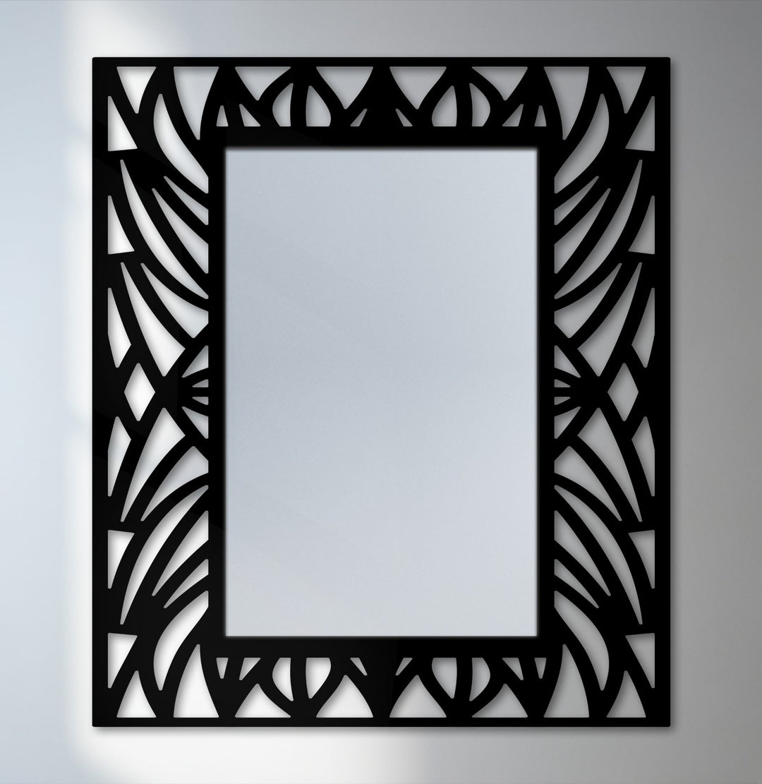 Elegant abstract botanical pattern frame floor mirror evokes a sophisticated mood with its striking black metal artwork design.