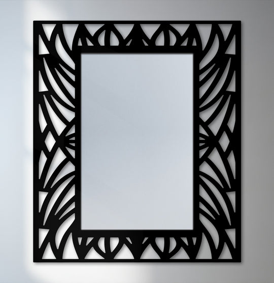 Elegant abstract botanical pattern frame floor mirror evokes a sophisticated mood with its striking black metal artwork design.