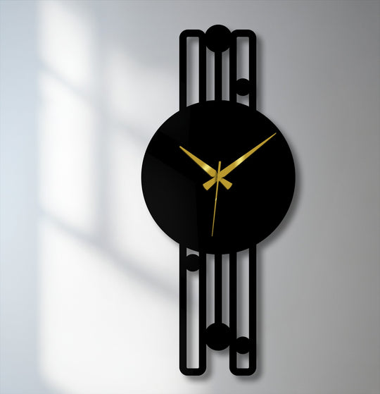 Understated color saturation enhances the appeal of this elegant vertical metal wall clock, presenting a minimalist geometric frame as unique metal wall art.