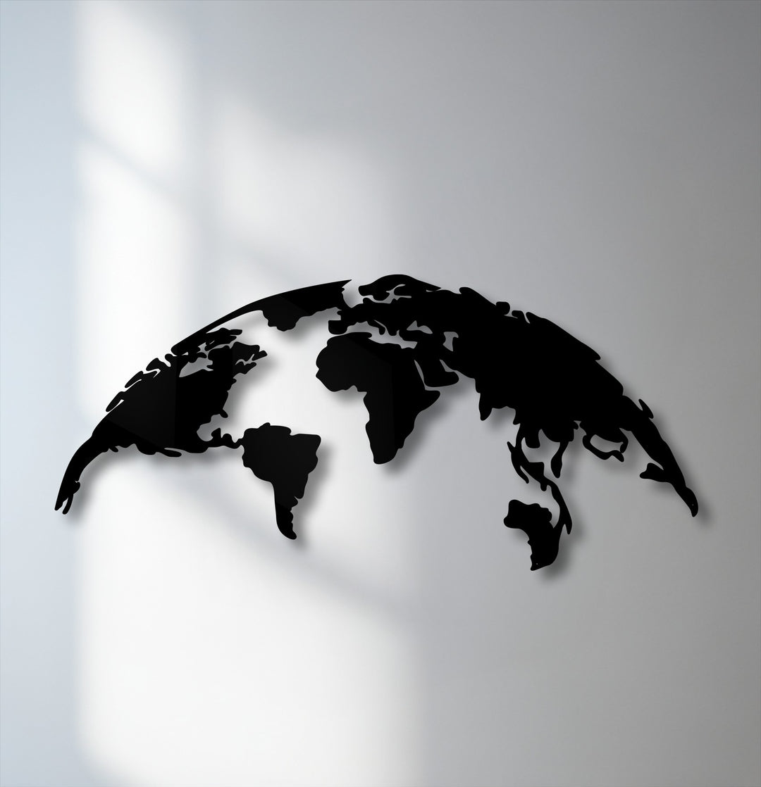 The smooth surface texture of this decorative metal art world map provides a refined, modern global silhouette against the wall.